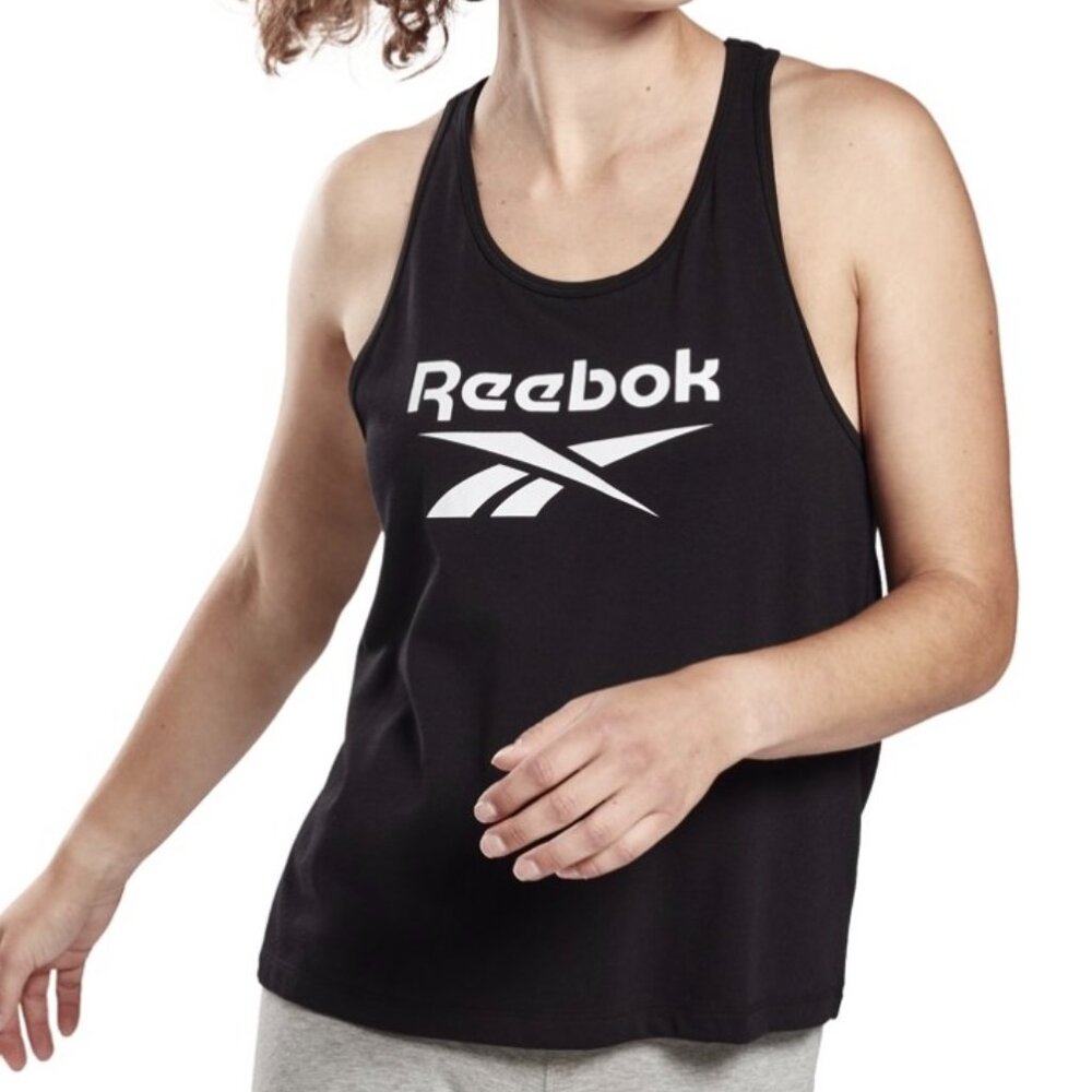 NEW! Womens Reebok Logo Jersey Tank Top Black White Large Scoop Neck Racerback